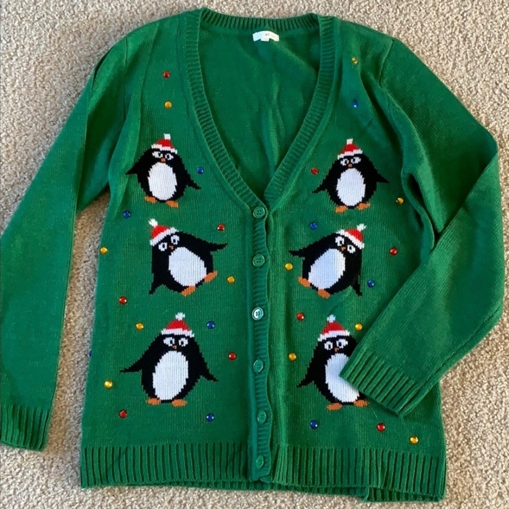 Wet Seal Green Christmas Holiday Penguin Sweater Sz L